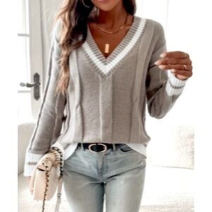 Preppy Cable Knit V-Neck Sweater